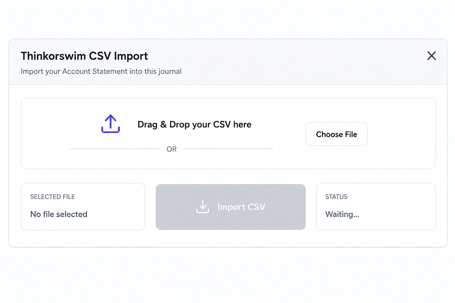 Trading Journal add-on screenshot showing CSV import in Google Sheets